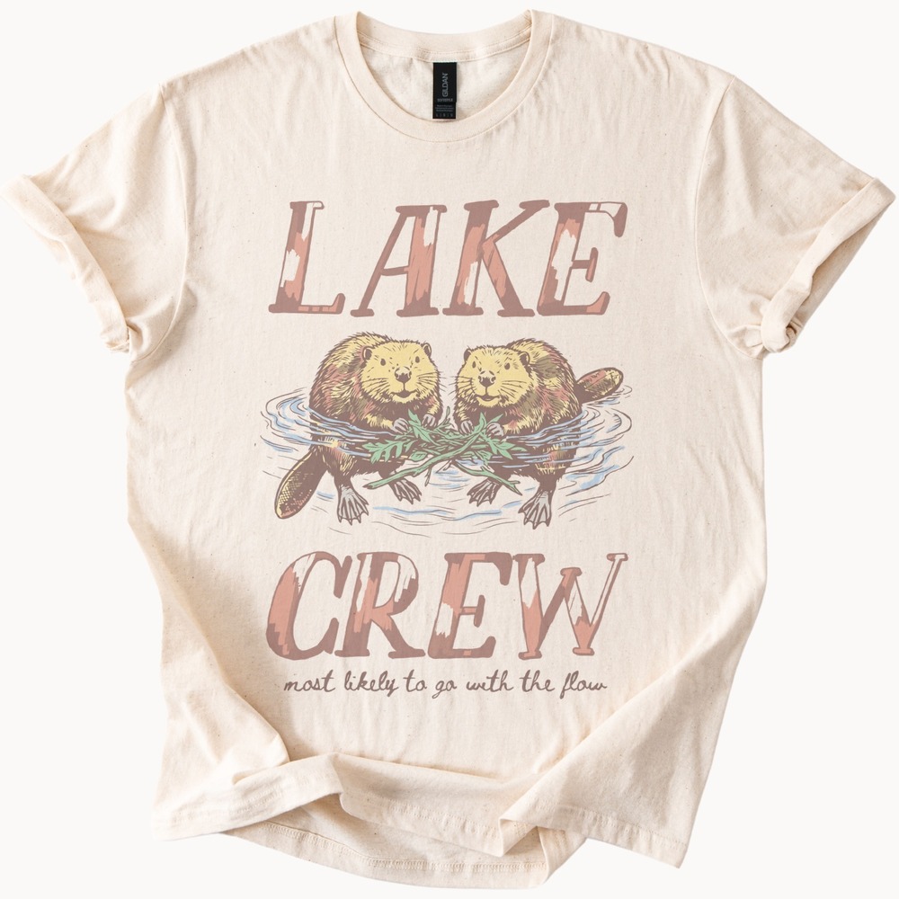 Lake Crew Graphic Tee Vintage Beaver Illustration Humorous Nature Shirt